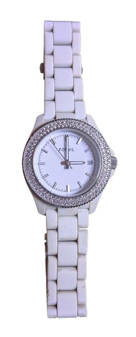 Fossil AM4466 White Dial Plastic Rhinestone Bezel Women's Watch